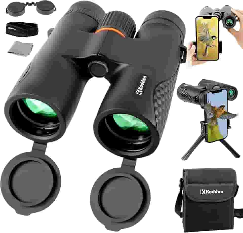 Koddon Binóculos para adultos de alta potência com adaptador de telefone e tripé - Binóculos 12 x 42 para observação de pássaros - com visão de pouca luz para caça em navios de cruzeiro, esportes ao