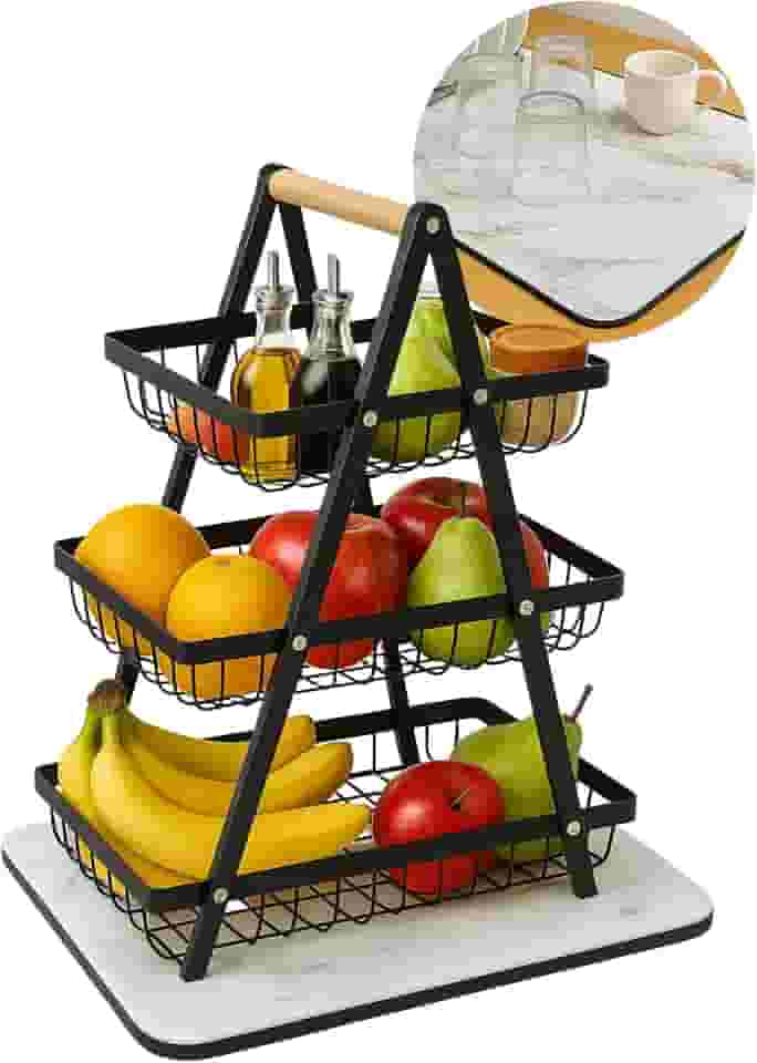 Kit Fruteira de Mesa 3 Andares com Alça de Madeira + Tapete Absorvente Antiderrapante – Organização de Cozinha Elegante – Perfeita para Decoração Cozinha