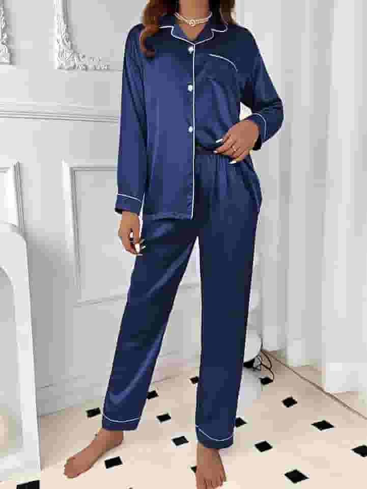 Conjunto de pijama de cetim feminino, 2 peças, com blusa de manga comprida e calça de seda, roupa de dormir para viagem em casa