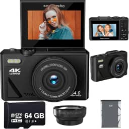 Acuvar Câmera digital 4K 64 MP para fotografia, câmera vlogging para YouTube com tela flip de 7.6 cm 180°, zoom digital 18X (kit iniciante, preto)