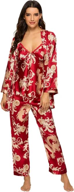Conjunto de pijama feminino de cetim de seda, 3 peças, floral, sedoso, roupa de dormir com roupão e calça