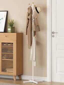 Cabideiro de Chão, Organizador de Roupas de Metal, Casacos, Bolsas, Chapéus, 9 Ganchos, Cabide de Entrada, Branco