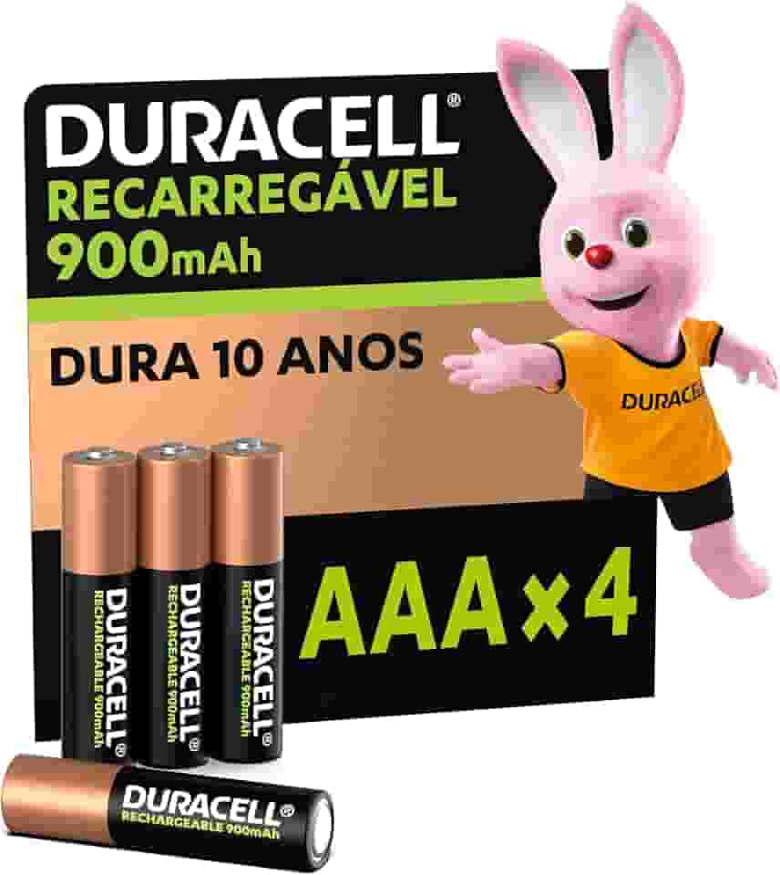 Duracell Pilha Recarregável AAA 900mAh Palito Com 4 Unidades – Ideal para Câmeras Digitais e Dispositivos de Alto Consumo