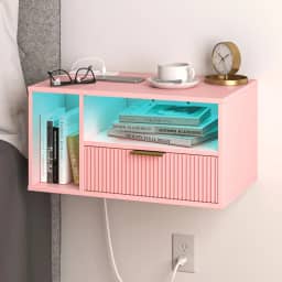 Veegle Mesa de cabeceira flutuante rosa com estação de carregamento e luzes LED, rosa