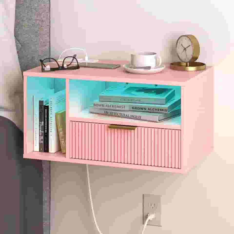 Veegle Mesa de cabeceira flutuante rosa com estação de carregamento e luzes LED, rosa