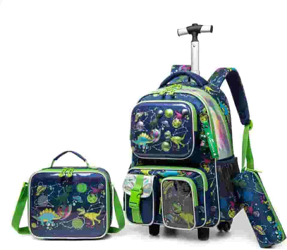 Kit Escolar Infantil com Mochila de Rodinha, Lancheira e Estojo, 3 Peças (Dinossauro Espacial)