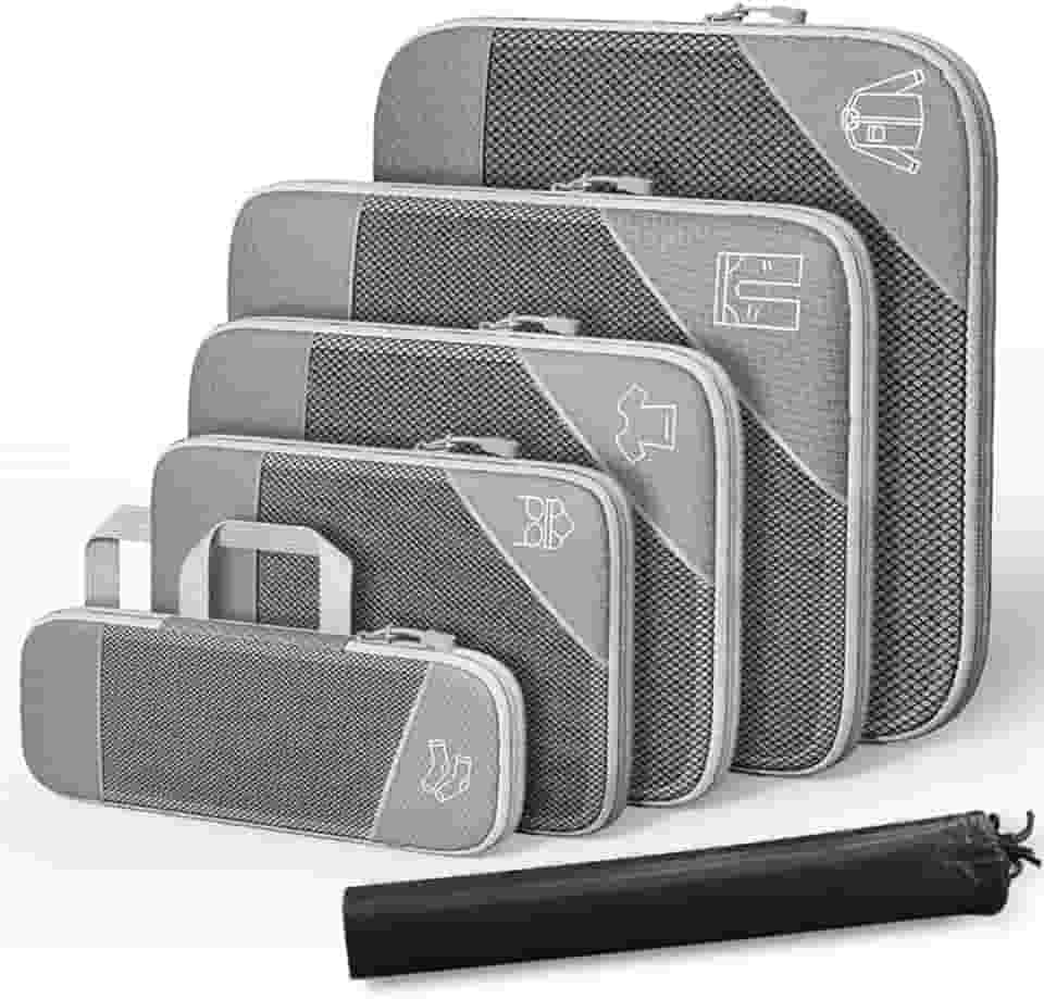 1 conjunto de cubos de embalagem de compressão para viagem expansível organizadores de embalagem,Organizador de Bagagem de Malha de mazenamento,6 peças (Cinza)