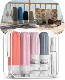 Kit 16 Frascos de Viagem Recarregáveis Silicone Premium Antivazamento – Recipientes para Shampoo, Cremes e Cosméticos + Bolsa Transparente TSA | Organização e Praticidade em Viagens (Tons Rosados)