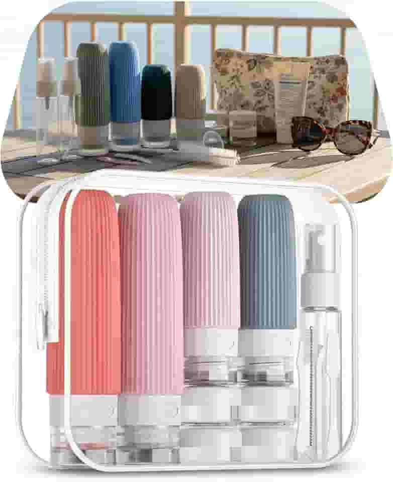 Kit 16 Frascos de Viagem Recarregáveis Silicone Premium Antivazamento – Recipientes para Shampoo, Cremes e Cosméticos + Bolsa Transparente TSA | Organização e Praticidade em Viagens (Tons Rosados)