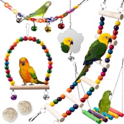 Brinquedos de pássaros para periquitos, 7 peças, acessórios de gaiola de periquitos de madeira, balanços de poleiro para pequenos brinquedos de calopsita conure, balanço de escada de pássaro para