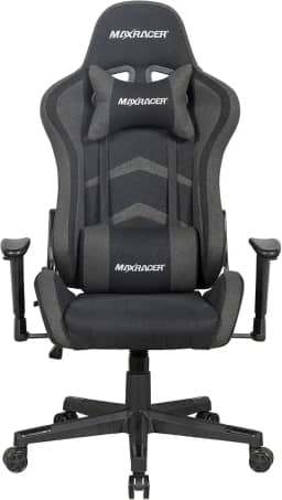 MAX RACER - Cadeira Gamer Aggressive - Cadeira Ergonômica para Jogos - Até 150kg, Braços com Regulagem de Altura, Tecido Poliéster Frio, Inclinação 180°, Almofada Cervical e Lombar - Preto e Cinza
