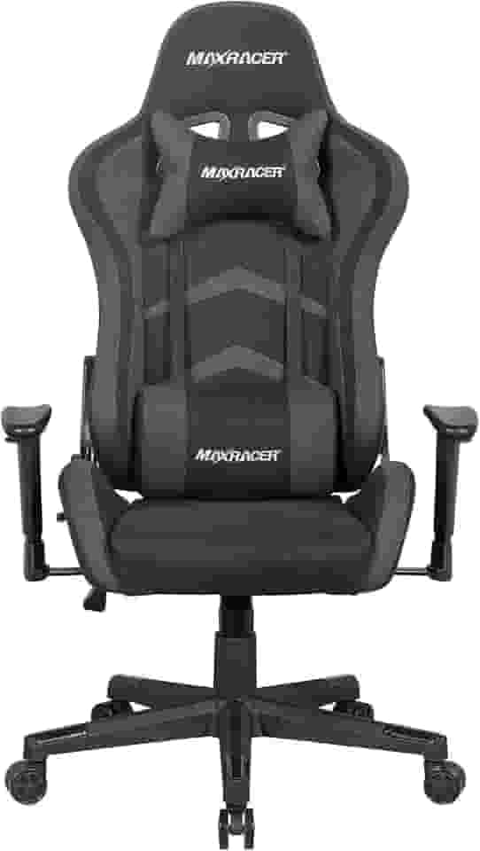 MAX RACER - Cadeira Gamer Aggressive - Cadeira Ergonômica para Jogos - Até 150kg, Braços com Regulagem de Altura, Tecido Poliéster Frio, Inclinação 180°, Almofada Cervical e Lombar - Preto e Cinza