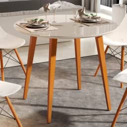 Mesa de Jantar Redonda Com Vidro 90 Cm Pés de Madeira e Tampo em MDF (branco)