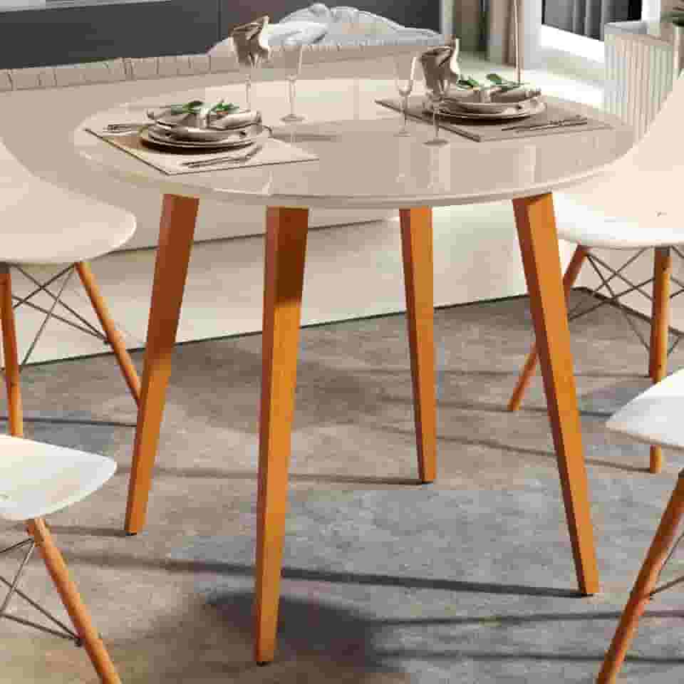 Mesa de Jantar Redonda Com Vidro 90 Cm Pés de Madeira e Tampo em MDF (branco)
