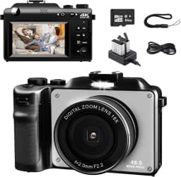 Câmera Digital 4K para Fotografia, Câmera Vlogging de 48 MP para YouTube, cartão TF de 64 GB, tela LCD de 3', antirvibração, zoom digital de 18x, câmeras digitais compactas para viagens/adolescentes