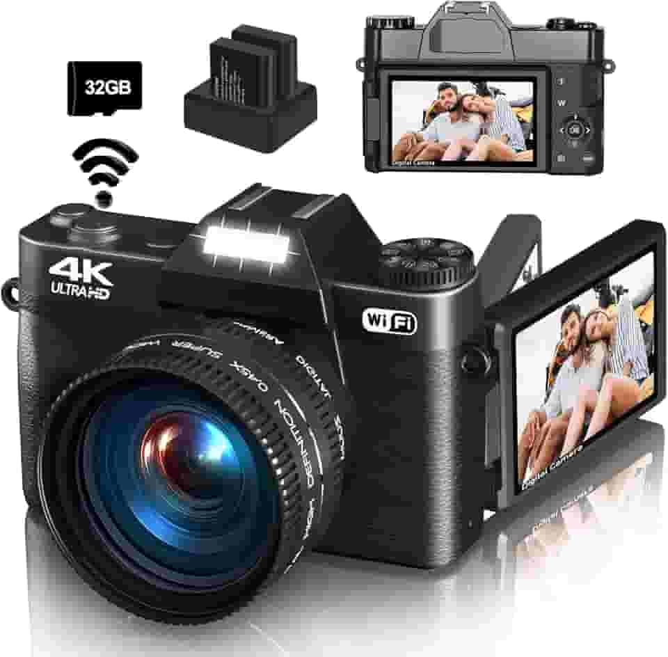 Câmera digital 4K para fotografia e vlog, câmera YouTube de 56 MP com WiFi, tela flip de 7.6 cm 180°, zoom digital 16X, lente grande angular e macro de 52 mm, cartão TF de 32 GB, 2 pilhas – preta