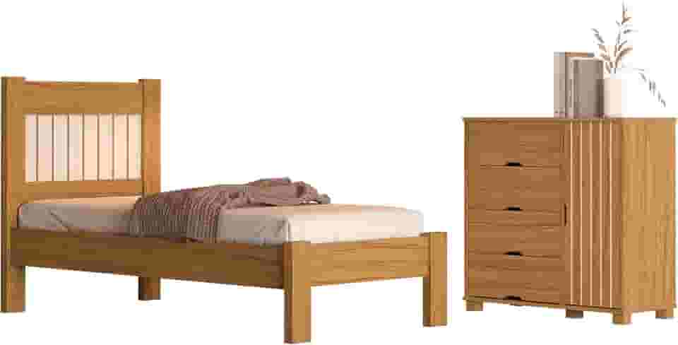 Jogo de Quarto Bela Com Cama Solteiro e Cômoda em MDF (Nature)