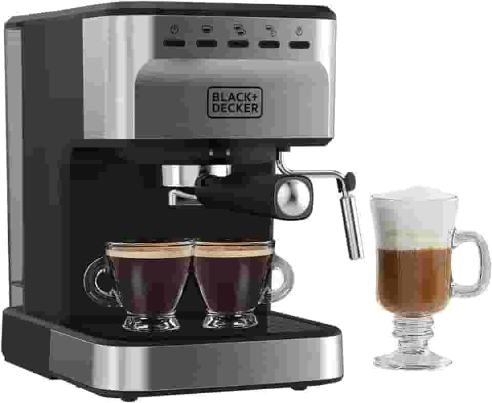 BLACK+DECKER Máquina de Café Expresso e Cappuccino Semiautomática de 15 Barras, Versátil com Capacidade para Grãos ou Cápsulas ESE, 1.5 L