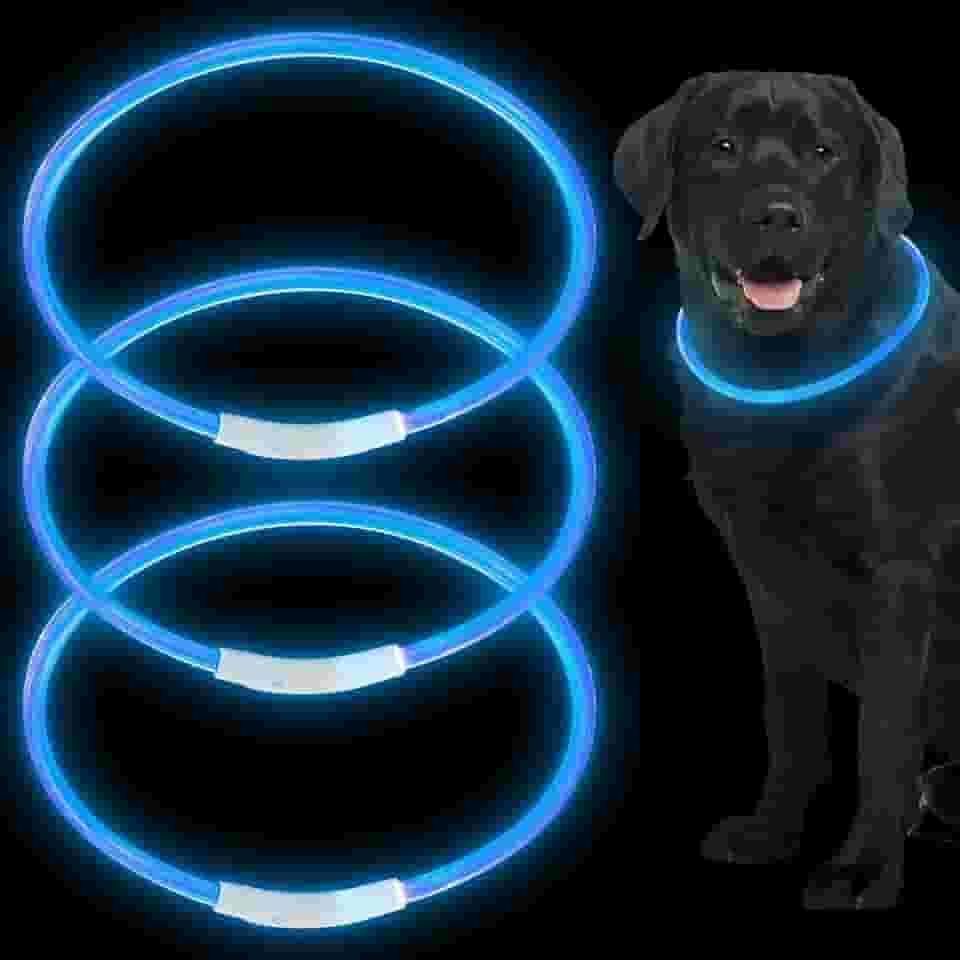 3 coleiras de LED para cães com luzes recarregáveis para passeios noturnos, coleiras iluminadas ajustáveis para noite para cães grandes, médios e pequenos (azul, estilo clássico)