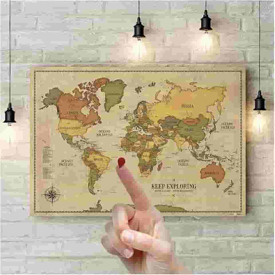Pôster Mapa-Múndi Vintage A1 (84x59cm) + 220 Pins Adesivos p/Marcar suas Viagens