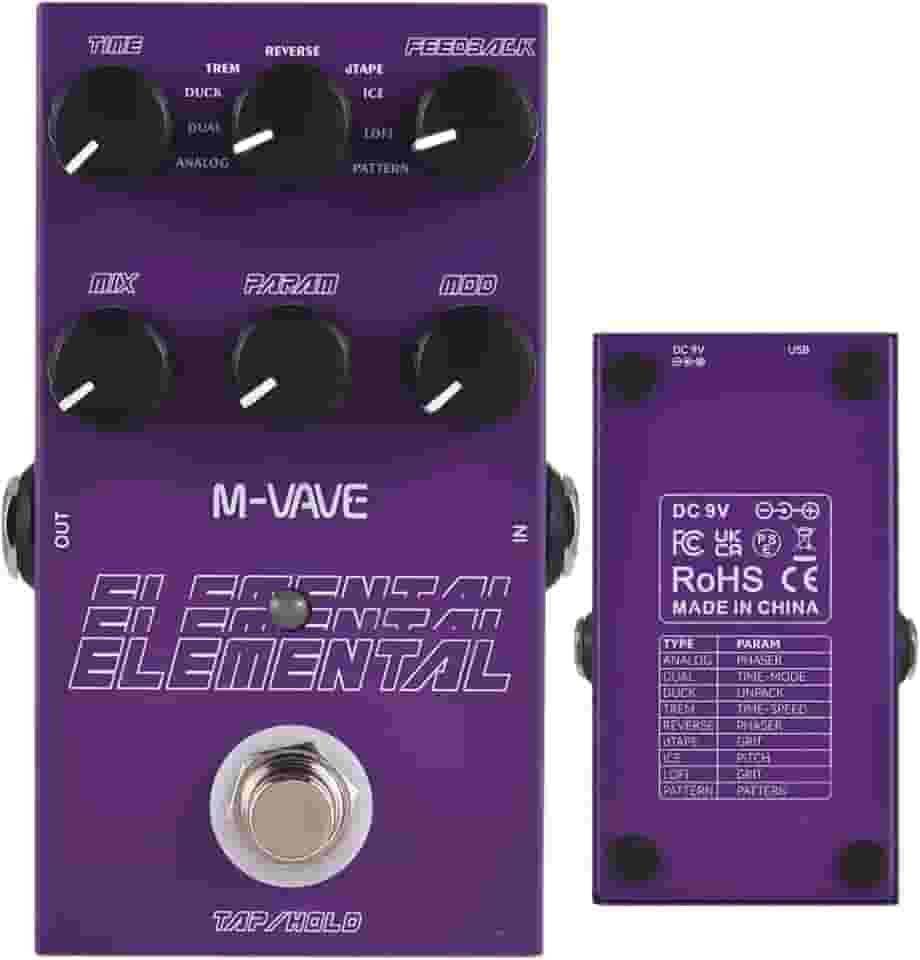 Pedal de Delay Digital M-vave Elemental: 9 Efeitos de Atraso, Modos TAP/HOLD, Alimentação USB/DC 9V, Design em Ferro Roxo Resistente - Perfeito para Guitarra, Baixo e Performances ao Vivo