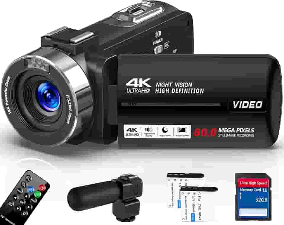 Filmadora 4K 80MP,Câmera de vídeo, Zoom Digital 18x, Visão Noturna, Tela Giratória 3 Polegadas, Controle Remoto 2.4G, Microfone Externo,Profissional para Vlog, Cartão 32GB, 2 Baterias