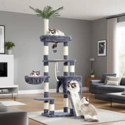 Heybly Árvore para gatos, torre para gatos de 166 cm para ambientes internos, condomínio para gatos com folhas, cesta, folha, tigela de alimentação, móveis modernos de pelúcia de vários níveis, cinza