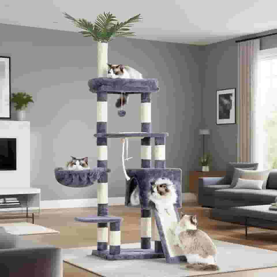 Heybly Árvore para gatos, torre para gatos de 166 cm para ambientes internos, condomínio para gatos com folhas, cesta, folha, tigela de alimentação, móveis modernos de pelúcia de vários níveis, cinza