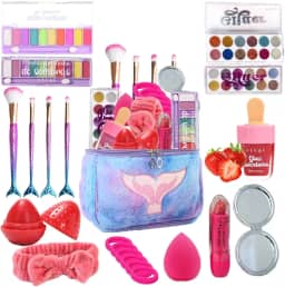 Kit de Maquiagem Infantil, 11 Itens, com Maleta Sereia, Paletas de Sombras, Glitter, Pincéis e Acessórios