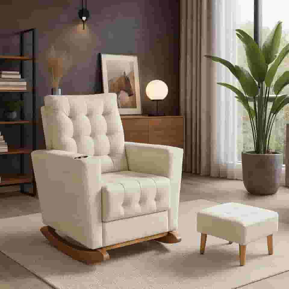 Poltrona Duna Amamentação Balanço e Puff Bege Claro