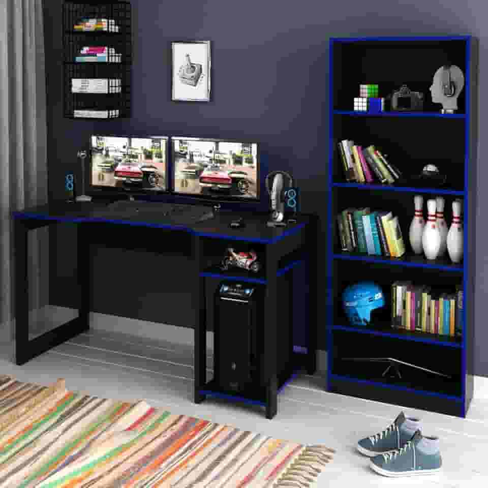 Kit Gamer Mesa para Computador com Estante Multiuso Preto Azul TecnoMobili