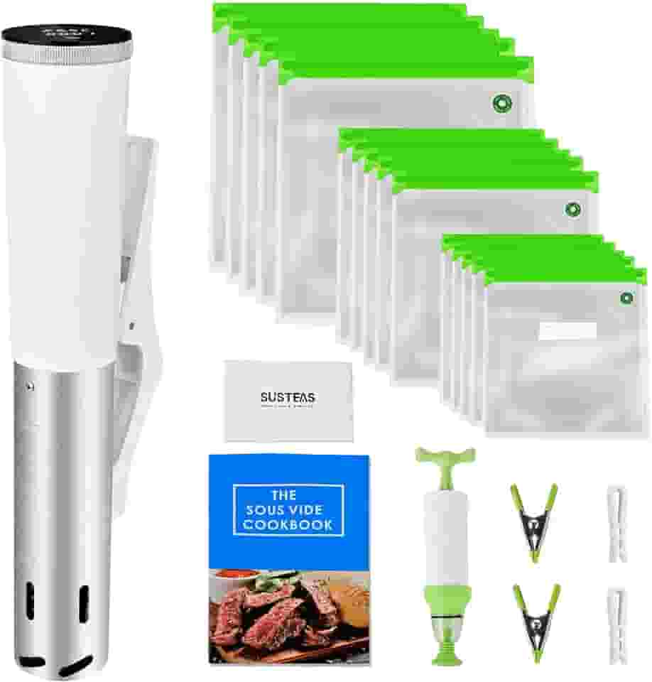 SUSTEAS Sous Vide, Panela Sous Vide de 1200 W com 15 sacos de vácuo, receita de bomba, máquina de sous vide silenciosa, temporizador digital, controle de temperatura, circulador de imersão para