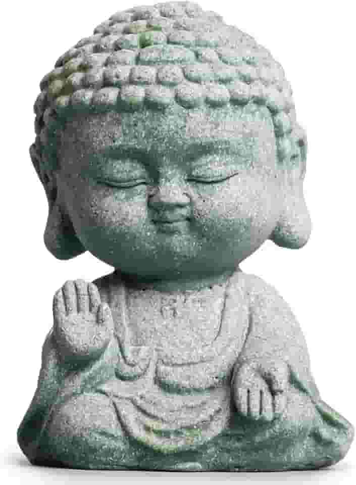 Estátua de Buda pequena – decoração de jardim zen, estatueta de Buda bebê feliz, arenito cinza, 9,9 cm para ambientes internos e externos, decoração de escritório em casa budista