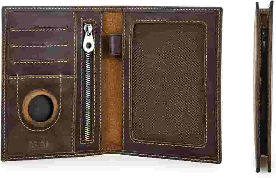 Porta-Passaportes de Couro Legítimo com Bloqueio RFID, Suporte para Airtag, Carteira de Viagem com 3 Porta-Cartões, Bolso para Moedas, Slots para Recibos e Suporte para Caneta-Luxo