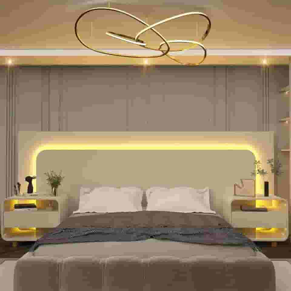 Cabeceira Box Casal com 2 Mesas de Cabeceira com Led Innova Off White