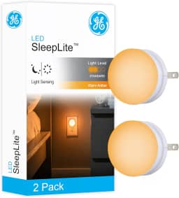 Luz noturna GE SleepLite, pacote com 2, melatonina, sensor crepúsculo ao amanhecer, auxílio de sono natural, âmbar quente, compacto, ideal para quarto, berçário, banheiro, corredor, 45247, 2 unidades