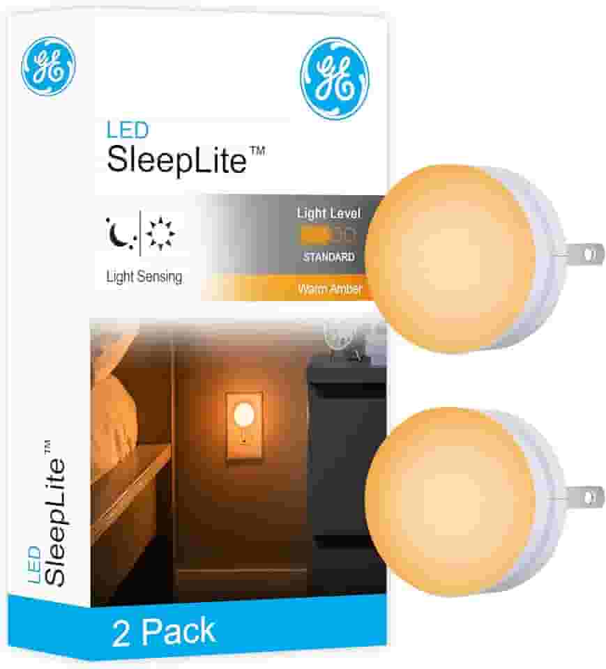 Luz noturna GE SleepLite, pacote com 2, melatonina, sensor crepúsculo ao amanhecer, auxílio de sono natural, âmbar quente, compacto, ideal para quarto, berçário, banheiro, corredor, 45247, 2 unidades