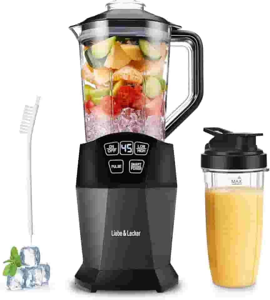 Liebe&Lecker Liquidificador de smoothie com 1200 W de pico de watts, potente tecnologia inteligente de frutas congeladas misturadas para vitaminas, sem BPA, copo para viagem de 800 ml e pote de 1,5 l