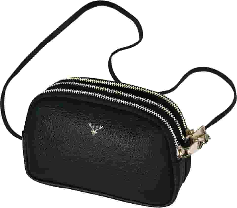 Bolsa Transversal Feminina em Couro Vegano, 3 Compartimentos com Zíper, Alça Ajustável