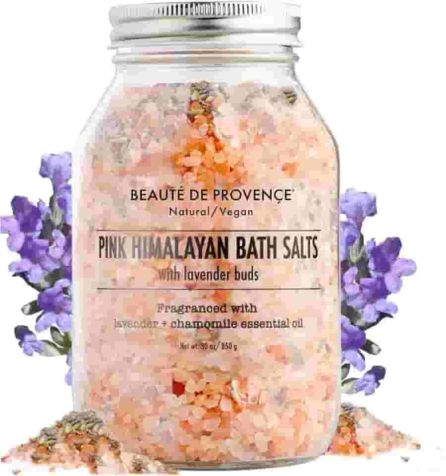 Beaute DE Provence Sal de banho rosa do Himalaia com lavanda - Aromaterapia e relaxamento 100% natural - Sais de banho de óleo essencial de toranja de lavanda para mulheres, relaxante, natural e limpo