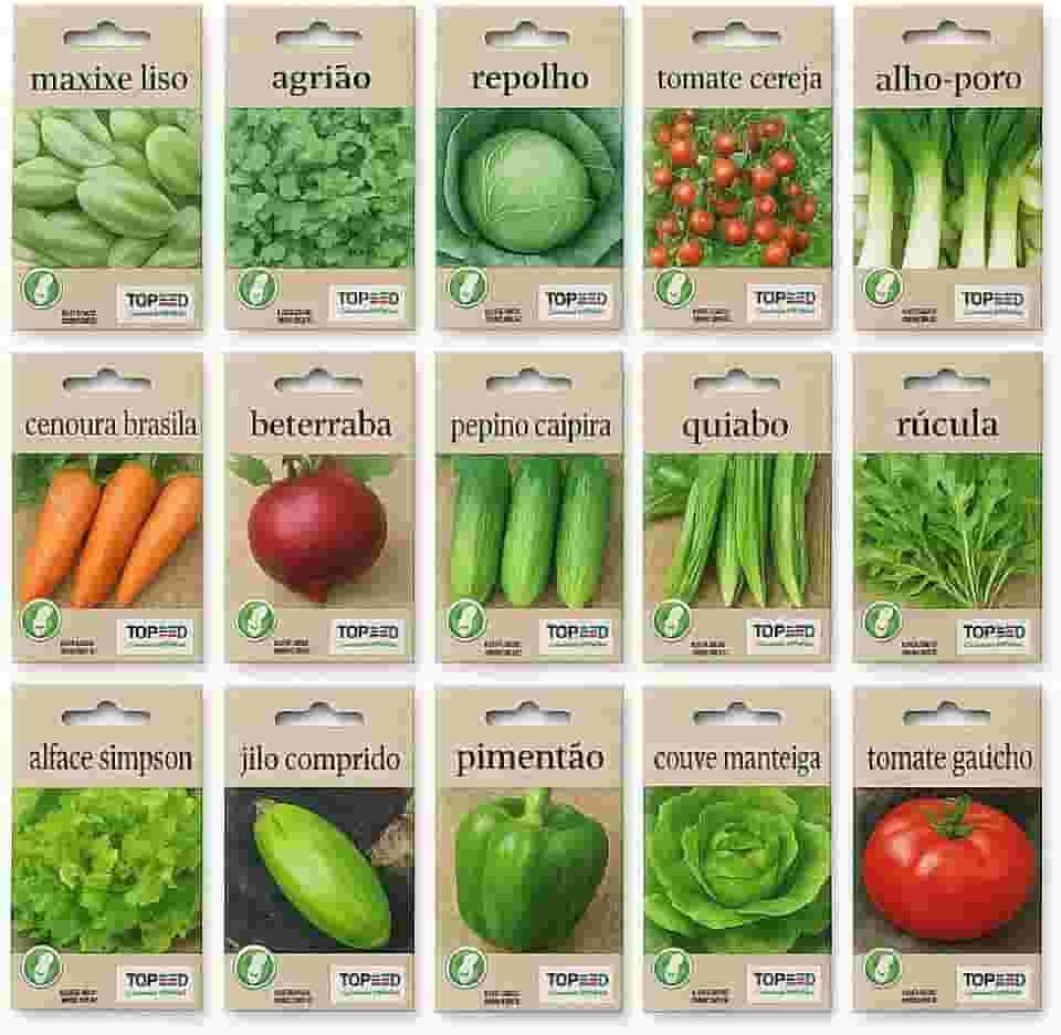 kit 15 Sementes de Hortas Variadas Legumes Verduras Pimenta Vegetais Hortaliças Orgânica Maxixe Agriao Repolho Tomate Alho Poro Cenoura Beterraba Pepino Quiabo Rucula Alface Jilo Pimentão Couve