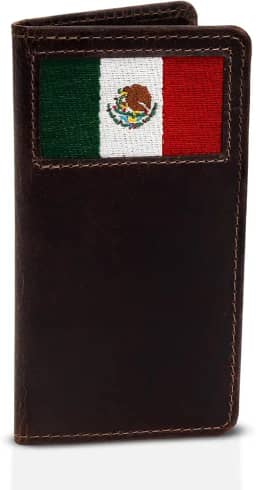 Carteira masculina com bandeira mexicana - 17 cm de altura, couro de flor integral, 100% bordado bandeira mexicana, presente para homens mexicanos, Carteras Vaqueras Para Hombres, Marrom, 3.5'