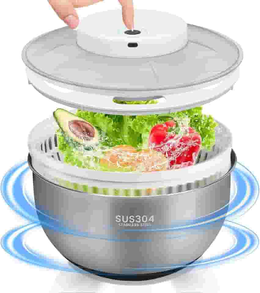 Centrifuga de Salada, Secador de Verduras, Desidratador Elétrico de Vegetais em Aço Inoxidável com Capacidade para 4500ML, Cesto Elétrico para Escorrer Frutas, Seca Salada Centrifuga