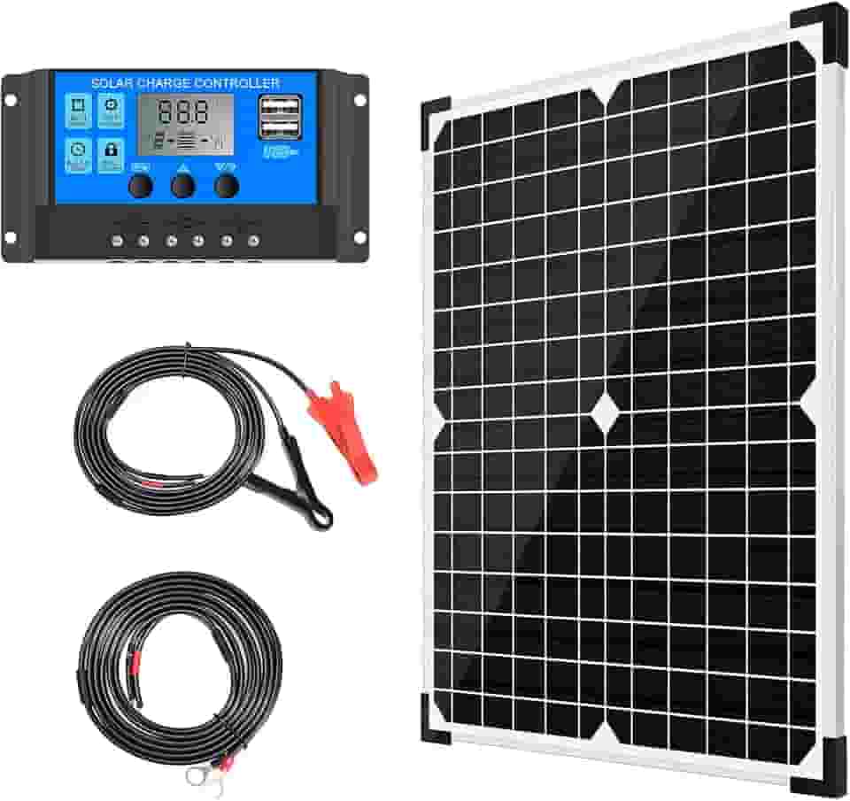 Apowery Kit de painel solar 20W 12V monocristalino com controlador de carga solar 10A + cabo de extensão com clipes de bateria, terminal de anel de vedação para sistema de RV Marine Boat Off Grid