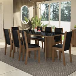 Conjunto Sala de Jantar Mesa Tampo de Vidro 8 Cadeiras Rustic/preto Justine Madesa