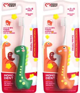 MOMODENT Escova de Dente Infantil Dinossauro - Cerdas Super Macias, Cabo Ergonômico, Para Crianças de 3 a 8 Anos, Compacta e Portátil (Laranja+Verde(2 unidades))
