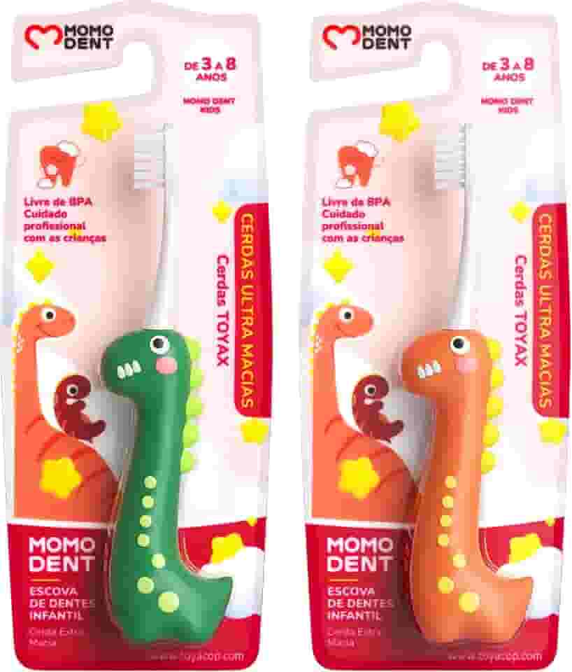 MOMODENT Escova de Dente Infantil Dinossauro - Cerdas Super Macias, Cabo Ergonômico, Para Crianças de 3 a 8 Anos, Compacta e Portátil (Laranja+Verde(2 unidades))