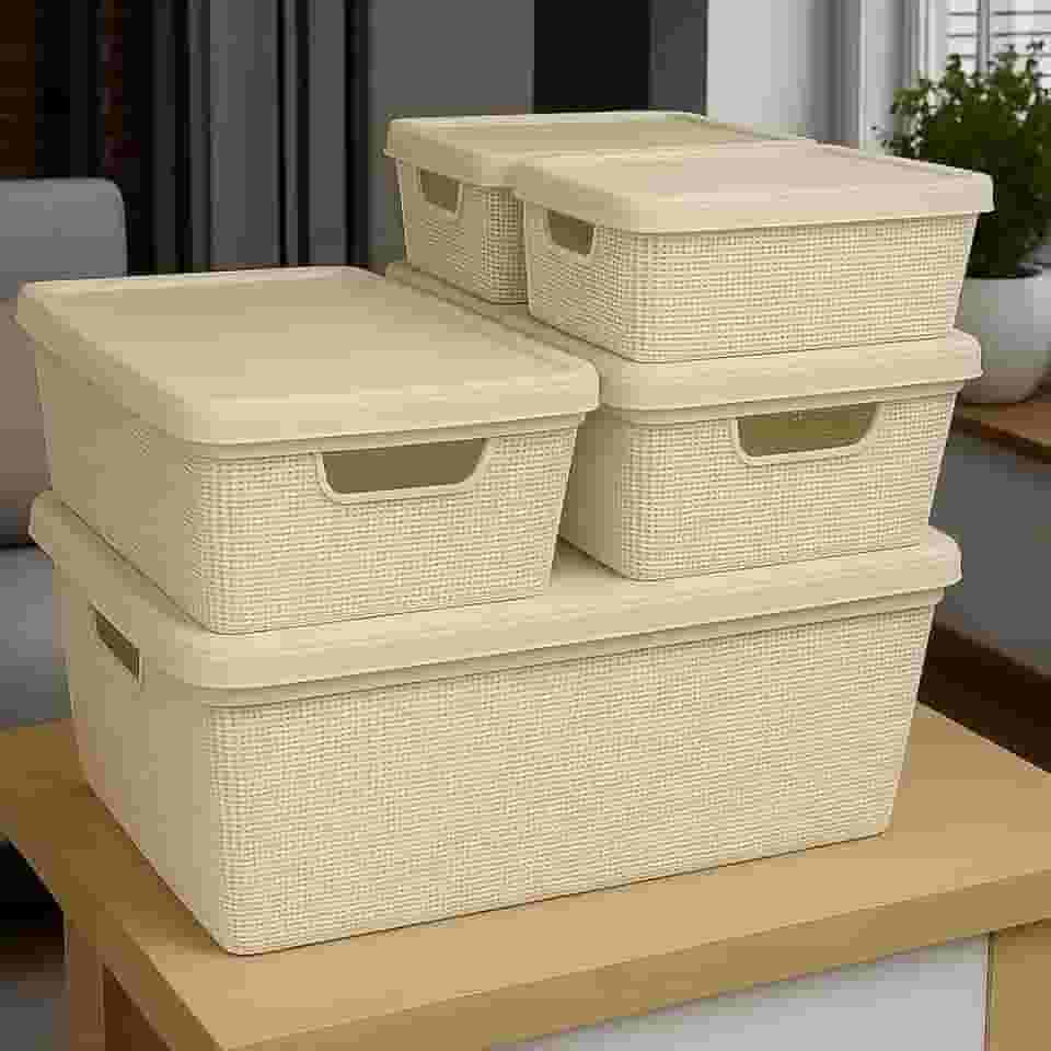 Caixa Organizadora com Tampa Kit 5 Peças Cesto Grande em Plástico 1,8 L 5 L 15 L - Rv-Ecommerce (Bege)