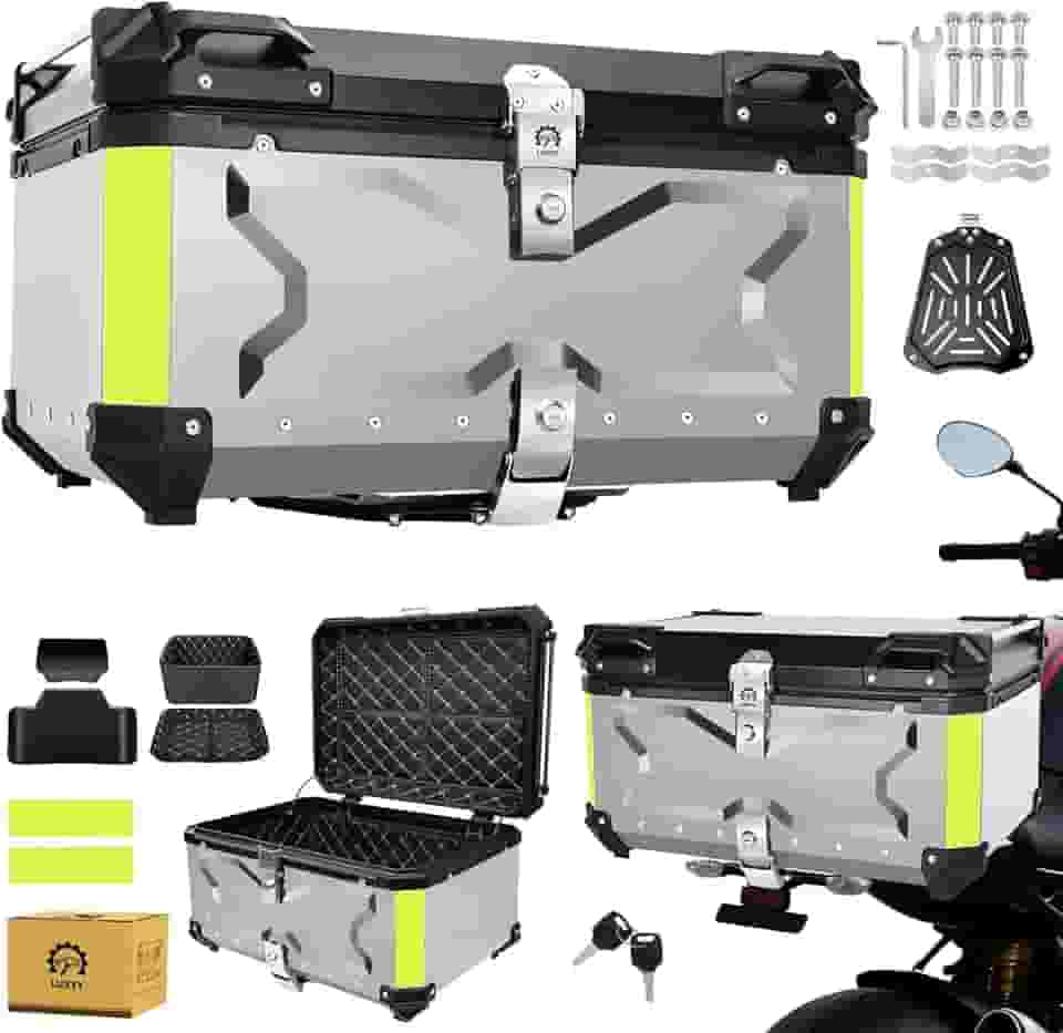 Bau para Moto de Alumínio - Baú Moto Bauleto 65 Litros Modelo Universal, Alto Volume Impermeável Comporta 2 capacetes, trava dupla para proteção contra roubo (Prata)