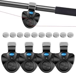 Alarme de mordida de pesca com 4 peças com 10 baterias sobressalentes, alarmes eletrônicos de pesca, alarmes de mordida para varas de pesca com alarme sonoro sino, luz LED, indicador de alarme de
